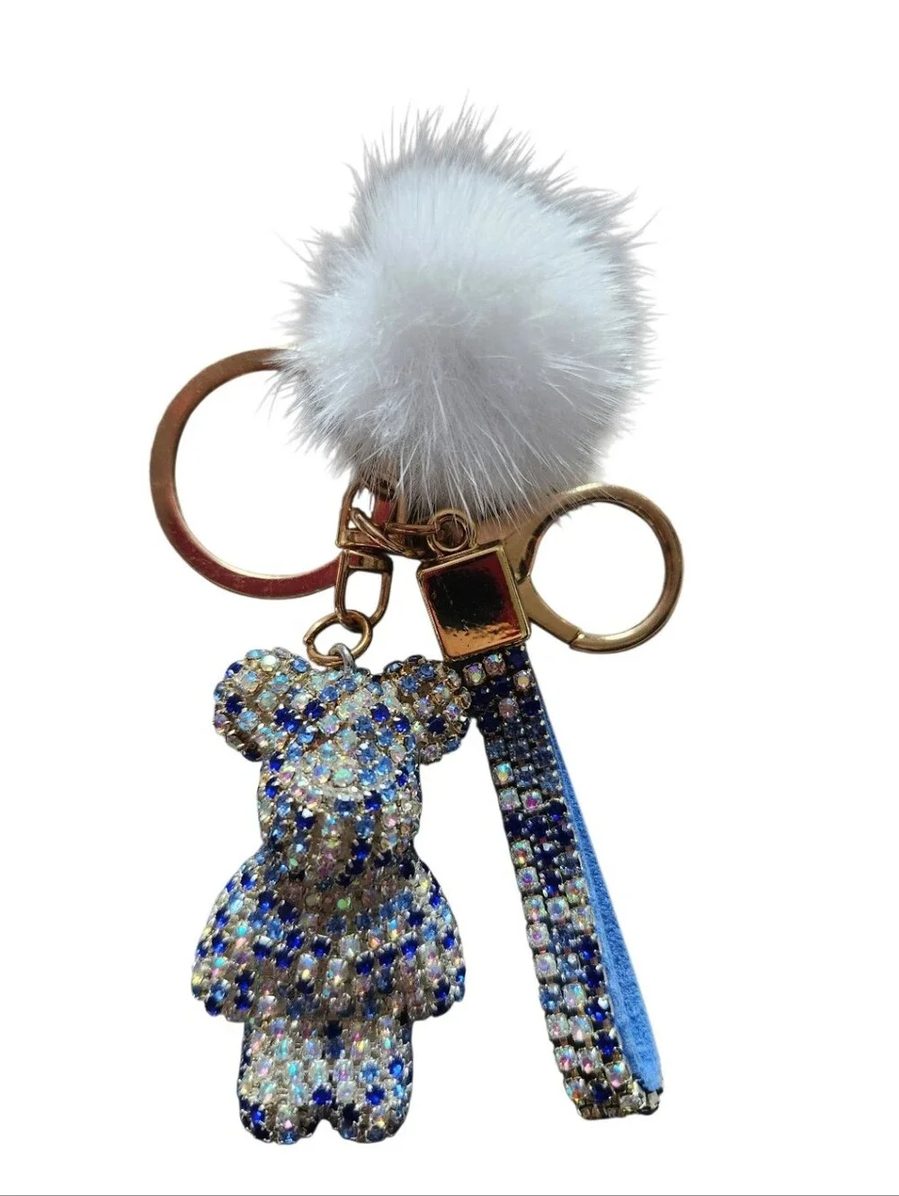 Sparkling Blue Bear Pom Pom Bag Charm Keychain New